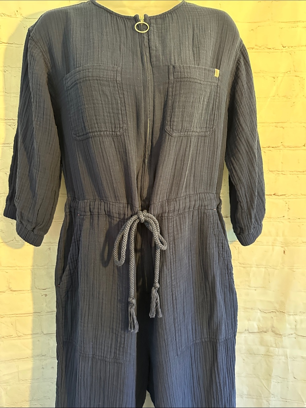Sundry 3/4 Sleeve Tie-Waist Jumpsuit 100% Cotton Navy with Pockets Size 2 - Picture 3 of 9